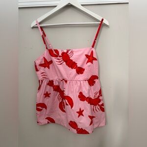 J.Crew Coastal Lobster Print Tank Top Pink Red Tie Back NWT